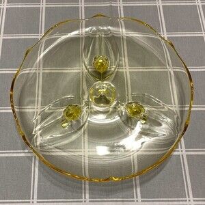 Vtg 1930s Yellow Topaz 10” Jubilee 3 Footed Cake Plate Lancaster Depression Glas